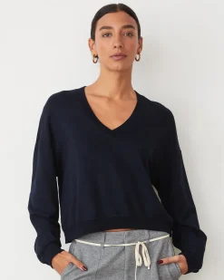 MONROW Softfleece Crop V Neck Sweatshirt DARKNAVY Cheap